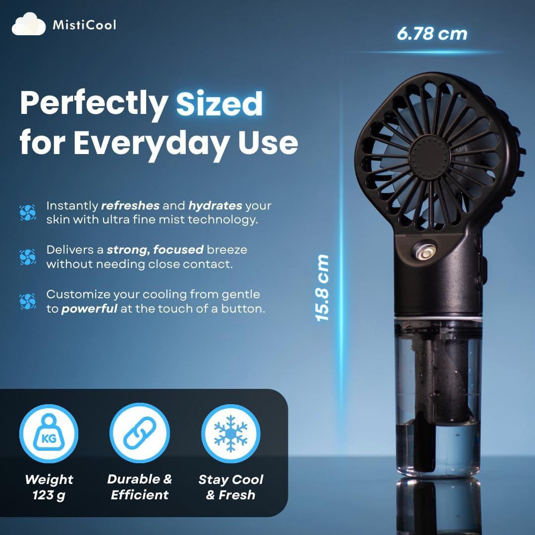 Handheld Misting Fan - Portable Fan with Mist Spray - USB-C Rechargeable Battery Powered Mini Fan - 4 Adjustable Speeds & Personal Travel Cooling Fan - 4-12 Working Hours - Black