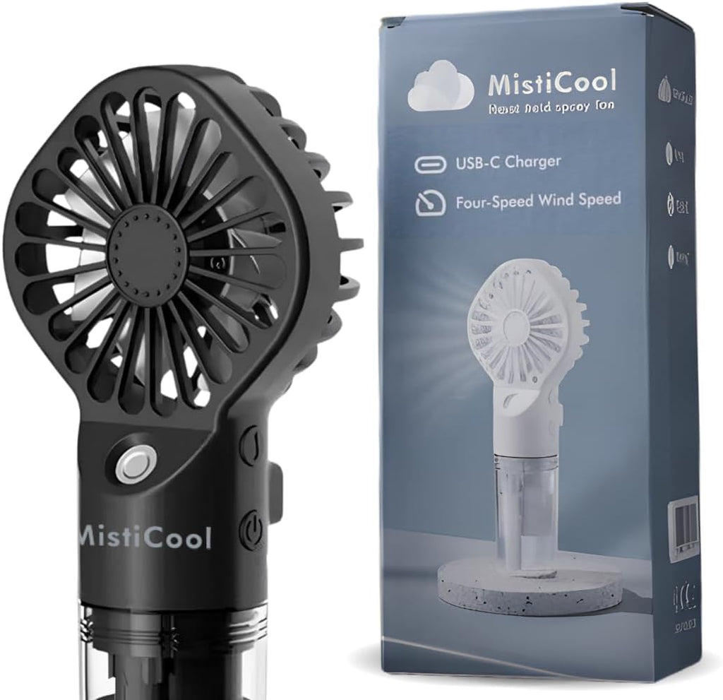 Handheld Misting Fan - Portable Fan with Mist Spray - USB-C Rechargeable Battery Powered Mini Fan - 4 Adjustable Speeds & Personal Travel Cooling Fan - 4-12 Working Hours - Black