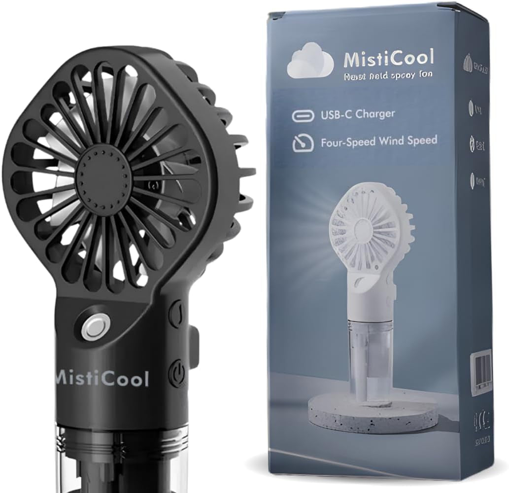 Handheld Misting Fan - Portable Fan with Mist Spray - USB-C Rechargeable Battery Powered Mini Fan - 4 Adjustable Speeds & Personal Travel Cooling Fan - 4-12 Working Hours - Black
