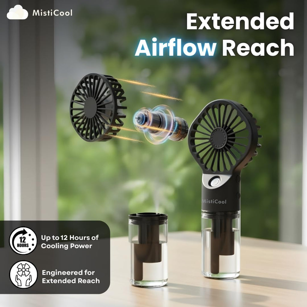 Handheld Misting Fan - Portable Fan with Mist Spray - USB-C Rechargeable Battery Powered Mini Fan - 4 Adjustable Speeds & Personal Travel Cooling Fan - 4-12 Working Hours - Black