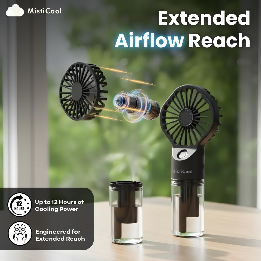 Handheld Misting Fan - Portable Fan with Mist Spray - USB-C Rechargeable Battery Powered Mini Fan - 4 Adjustable Speeds & Personal Travel Cooling Fan - 4-12 Working Hours - Black