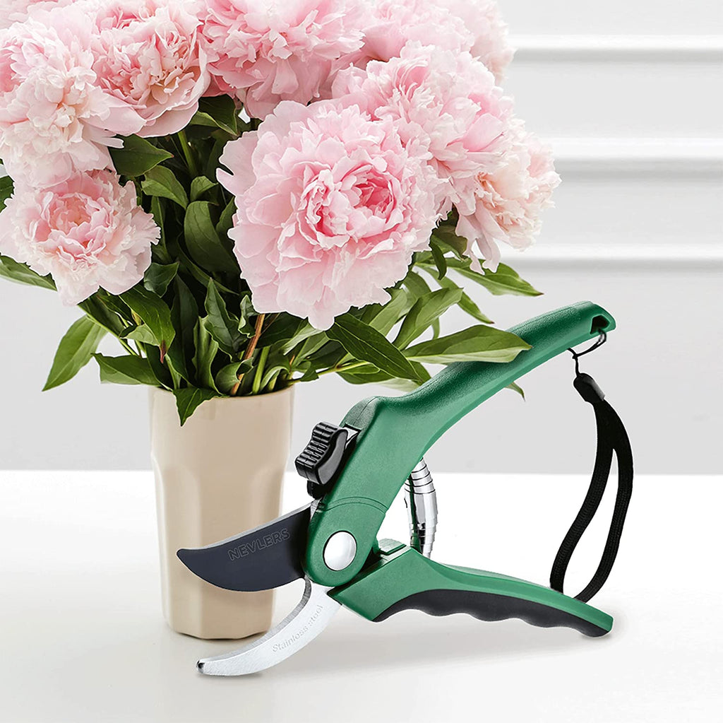 8" Green Bypass Pruning Shears Heavy Duty | Flower Shears & Pruning Scissors W/Steel Blades, Blade Lock & No-Slip Grip | 8Mm Cut Capacity Garden Clippers Handheld for Flower Stems & Branches