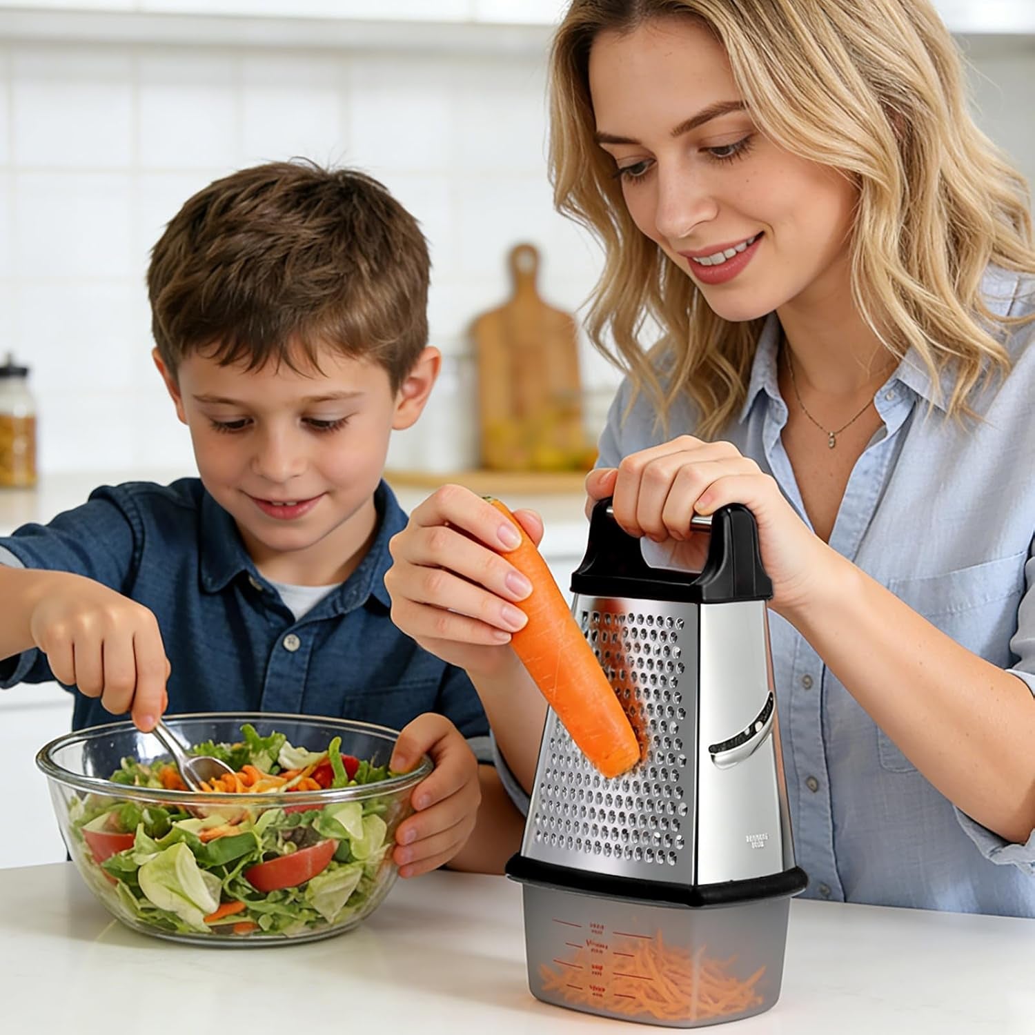 Cheese Grater with Handle, Stainless Steel Box Grater, 4 Side Kitchen Vegetable Shredder Slicer Zester with Container for Parmesan, Cabbage, Ginger, Lemon, Chocolate, Coconut (Black)