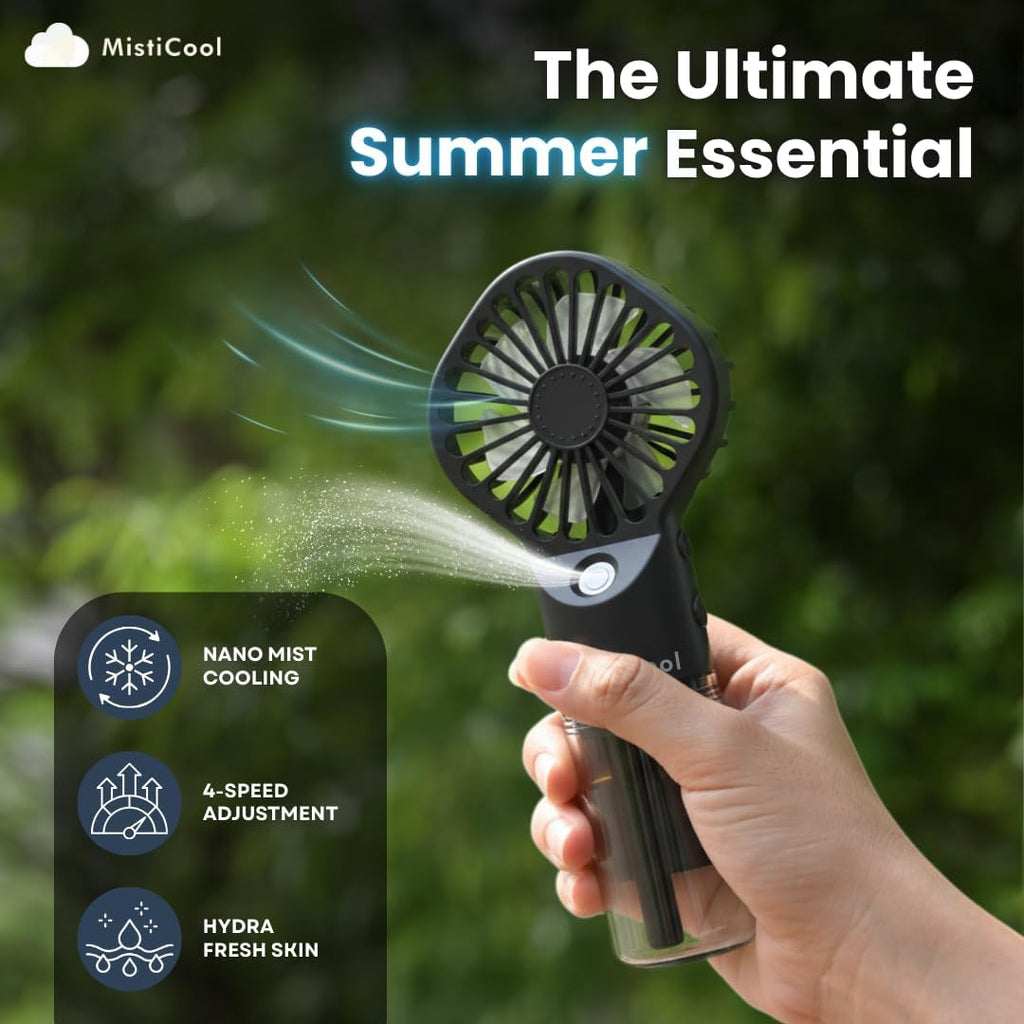 Handheld Misting Fan - Portable Fan with Mist Spray - USB-C Rechargeable Battery Powered Mini Fan - 4 Adjustable Speeds & Personal Travel Cooling Fan - 4-12 Working Hours - Black
