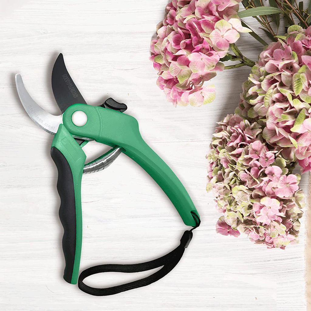 8" Green Bypass Pruning Shears Heavy Duty | Flower Shears & Pruning Scissors W/Steel Blades, Blade Lock & No-Slip Grip | 8Mm Cut Capacity Garden Clippers Handheld for Flower Stems & Branches