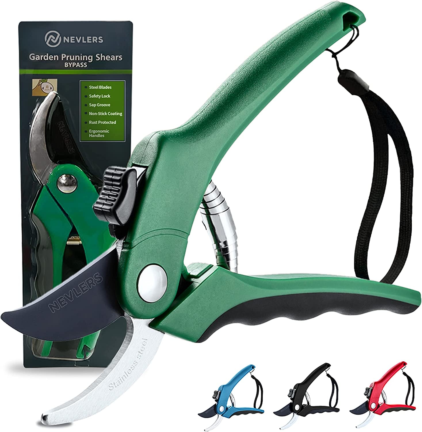 8" Green Bypass Pruning Shears Heavy Duty | Flower Shears & Pruning Scissors W/Steel Blades, Blade Lock & No-Slip Grip | 8Mm Cut Capacity Garden Clippers Handheld for Flower Stems & Branches