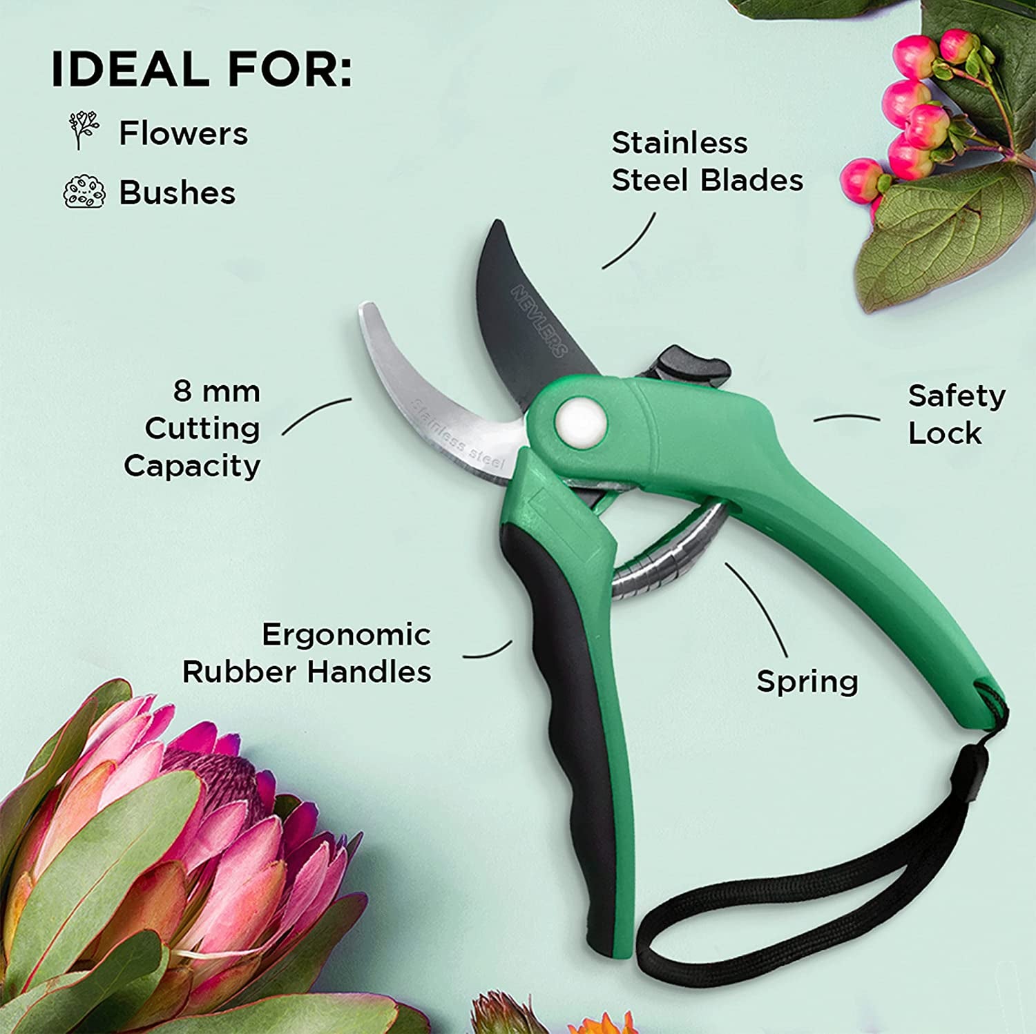 8" Green Bypass Pruning Shears Heavy Duty | Flower Shears & Pruning Scissors W/Steel Blades, Blade Lock & No-Slip Grip | 8Mm Cut Capacity Garden Clippers Handheld for Flower Stems & Branches