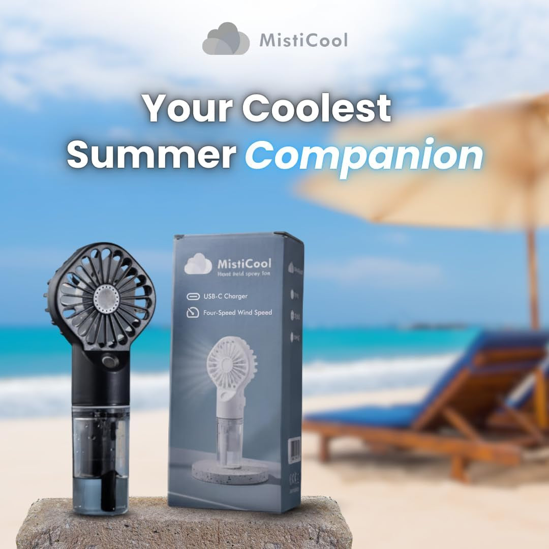 Handheld Misting Fan - Portable Fan with Mist Spray - USB-C Rechargeable Battery Powered Mini Fan - 4 Adjustable Speeds & Personal Travel Cooling Fan - 4-12 Working Hours - Black