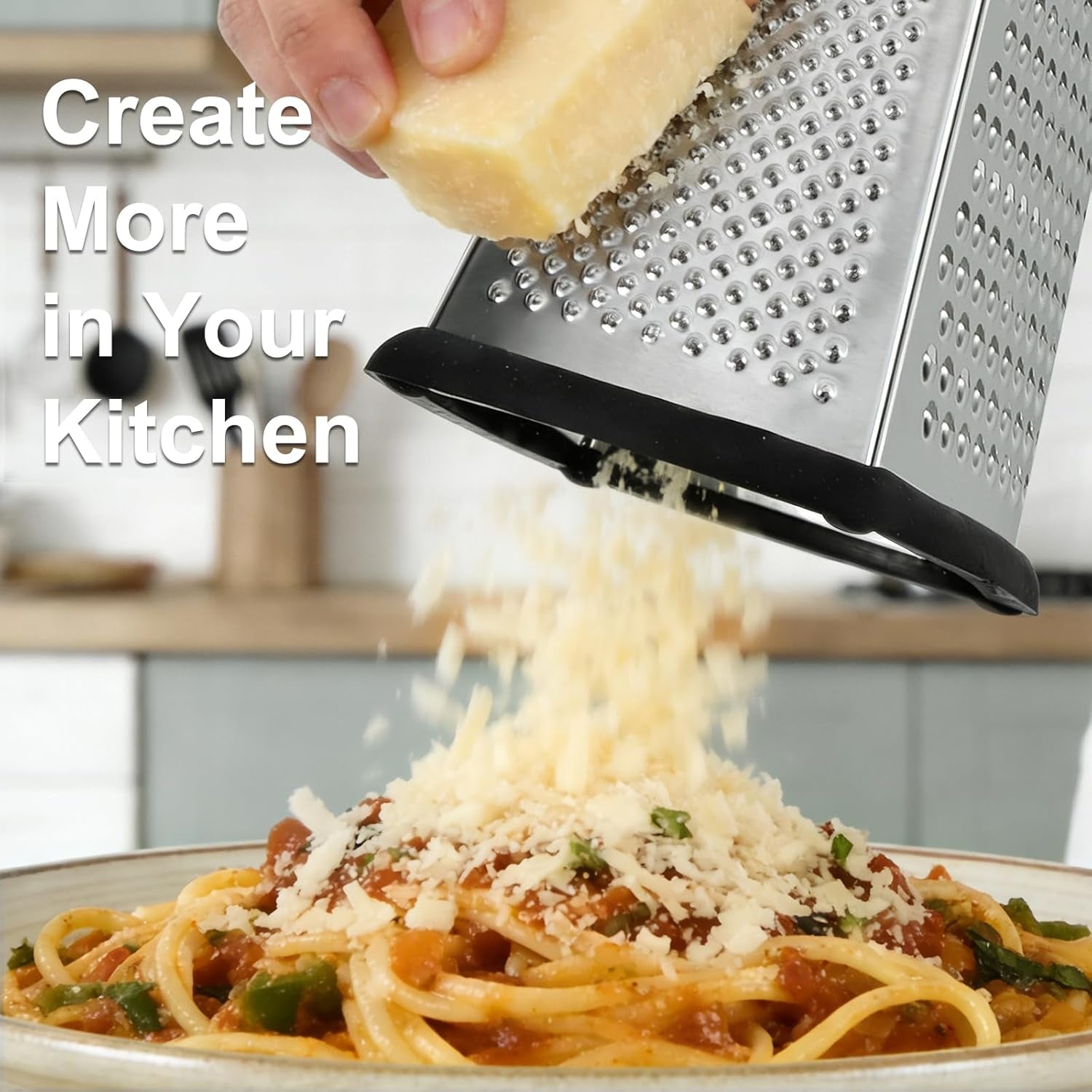Cheese Grater with Handle, Stainless Steel Box Grater, 4 Side Kitchen Vegetable Shredder Slicer Zester with Container for Parmesan, Cabbage, Ginger, Lemon, Chocolate, Coconut (Black)