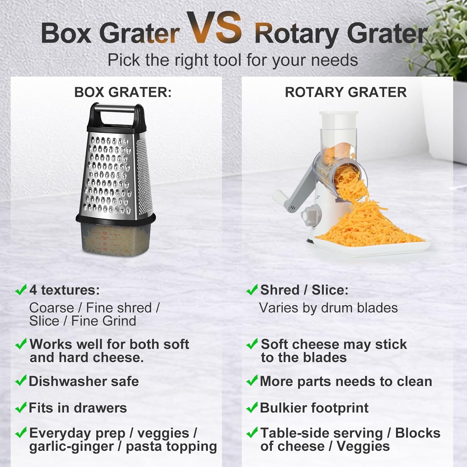 Cheese Grater with Handle, Stainless Steel Box Grater, 4 Side Kitchen Vegetable Shredder Slicer Zester with Container for Parmesan, Cabbage, Ginger, Lemon, Chocolate, Coconut (Black)