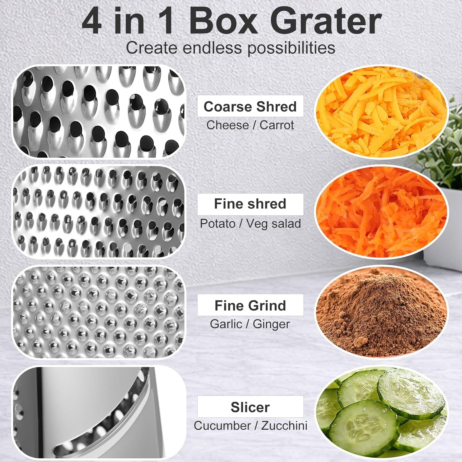 Cheese Grater with Handle, Stainless Steel Box Grater, 4 Side Kitchen Vegetable Shredder Slicer Zester with Container for Parmesan, Cabbage, Ginger, Lemon, Chocolate, Coconut (Black)
