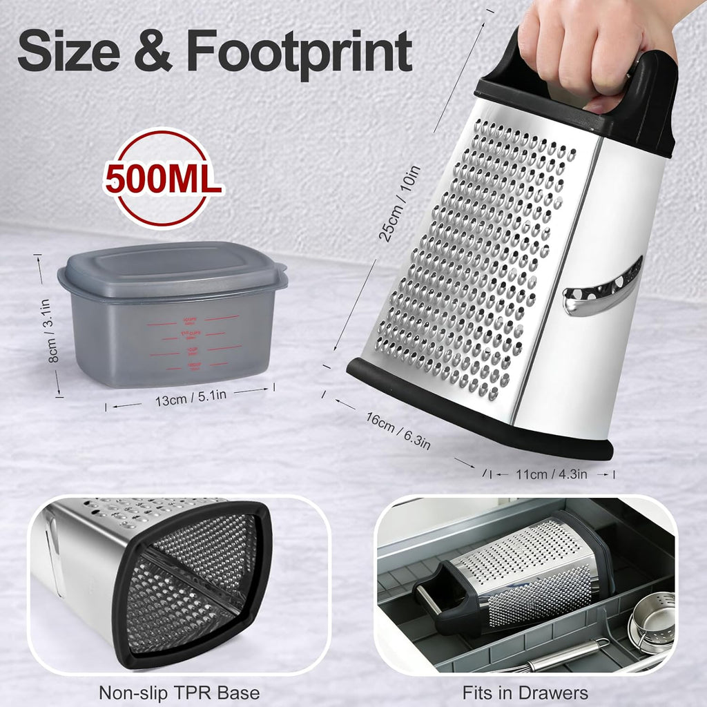 Cheese Grater with Handle, Stainless Steel Box Grater, 4 Side Kitchen Vegetable Shredder Slicer Zester with Container for Parmesan, Cabbage, Ginger, Lemon, Chocolate, Coconut (Black)