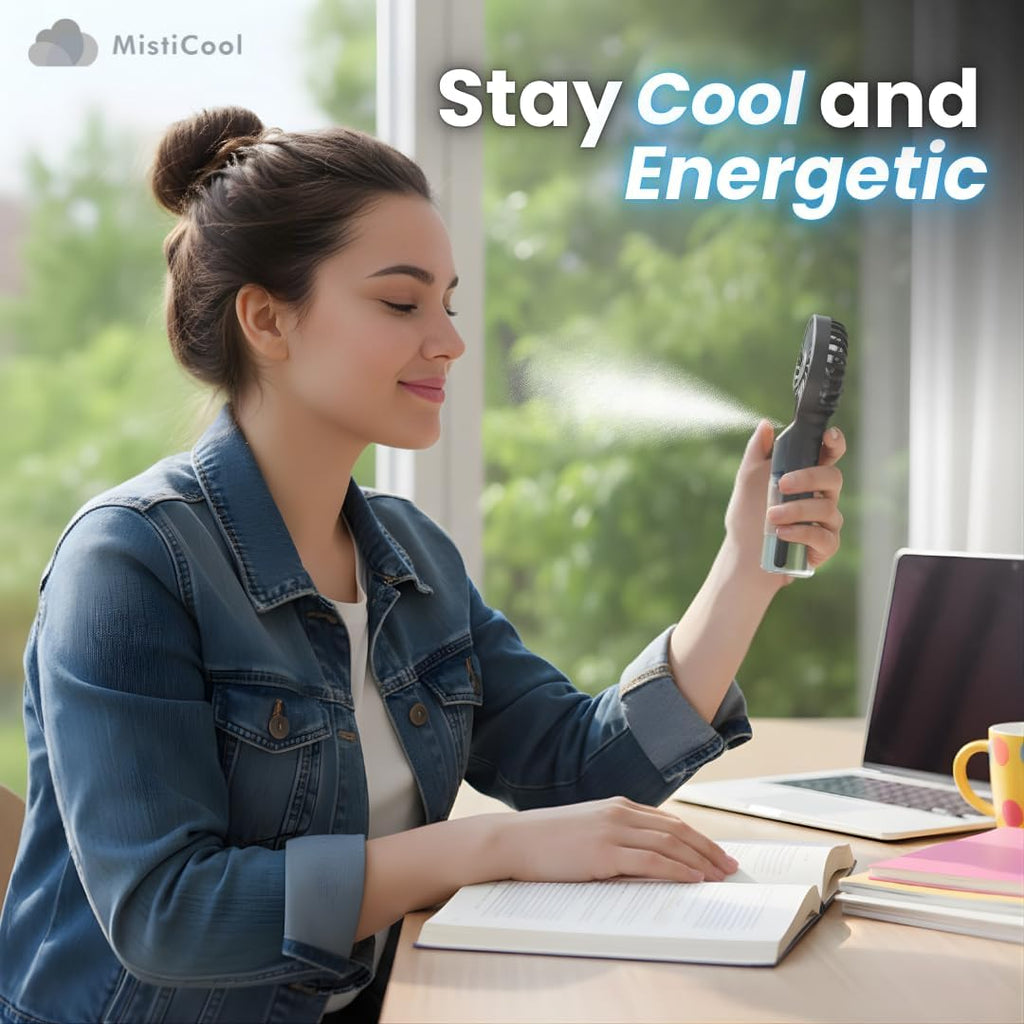 Handheld Misting Fan - Portable Fan with Mist Spray - USB-C Rechargeable Battery Powered Mini Fan - 4 Adjustable Speeds & Personal Travel Cooling Fan - 4-12 Working Hours - Black